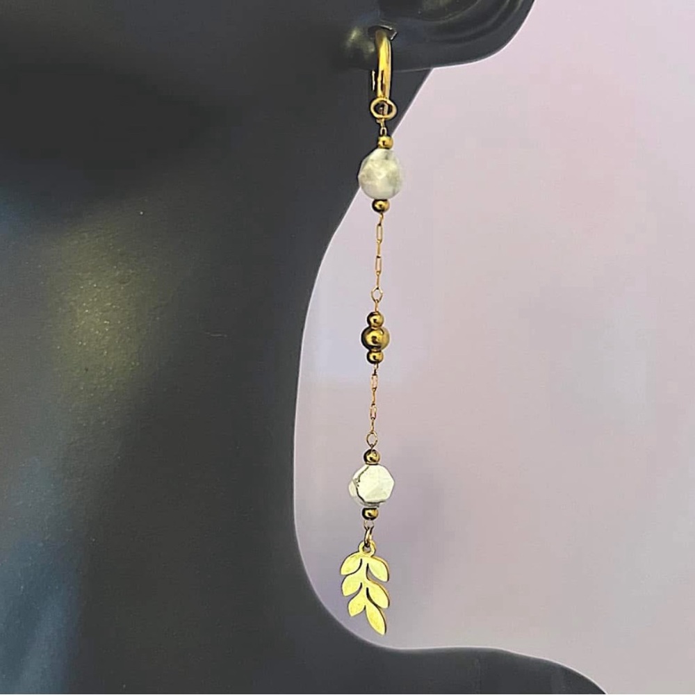 Natural Howlite Beaded Ear Huggies w Olive Leaves 18k Gold🌿 - Picture 3 of 4
